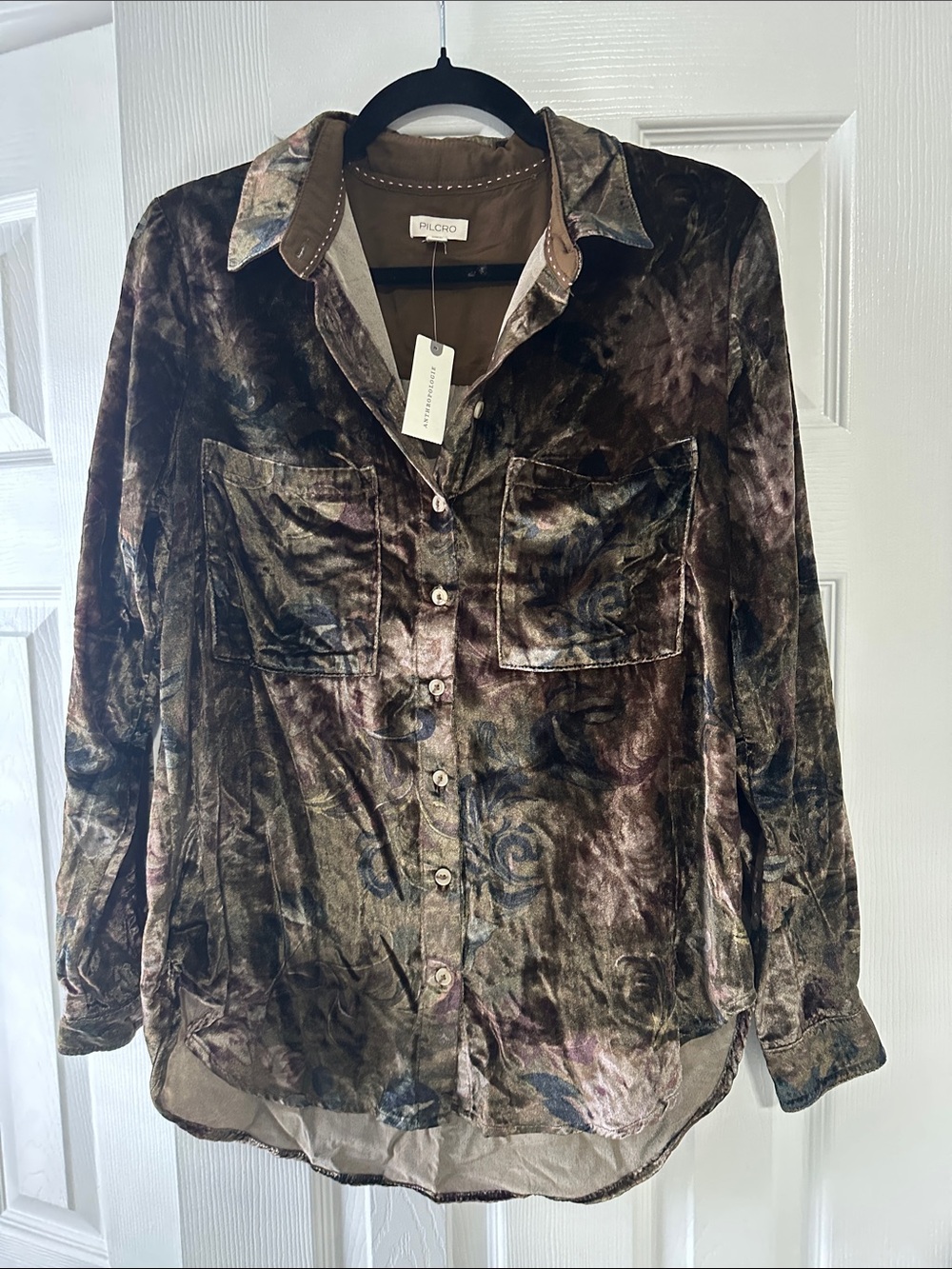 Pilcro Anthropology Velvet Button-Down Shirt in Brown and Green Multi